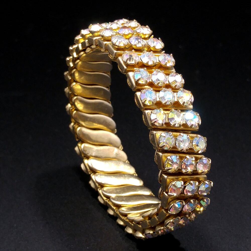 Aurora Borealis Rhinestone Expansion Bracelet, Gold Tone, 1960s Vintage Jewelry